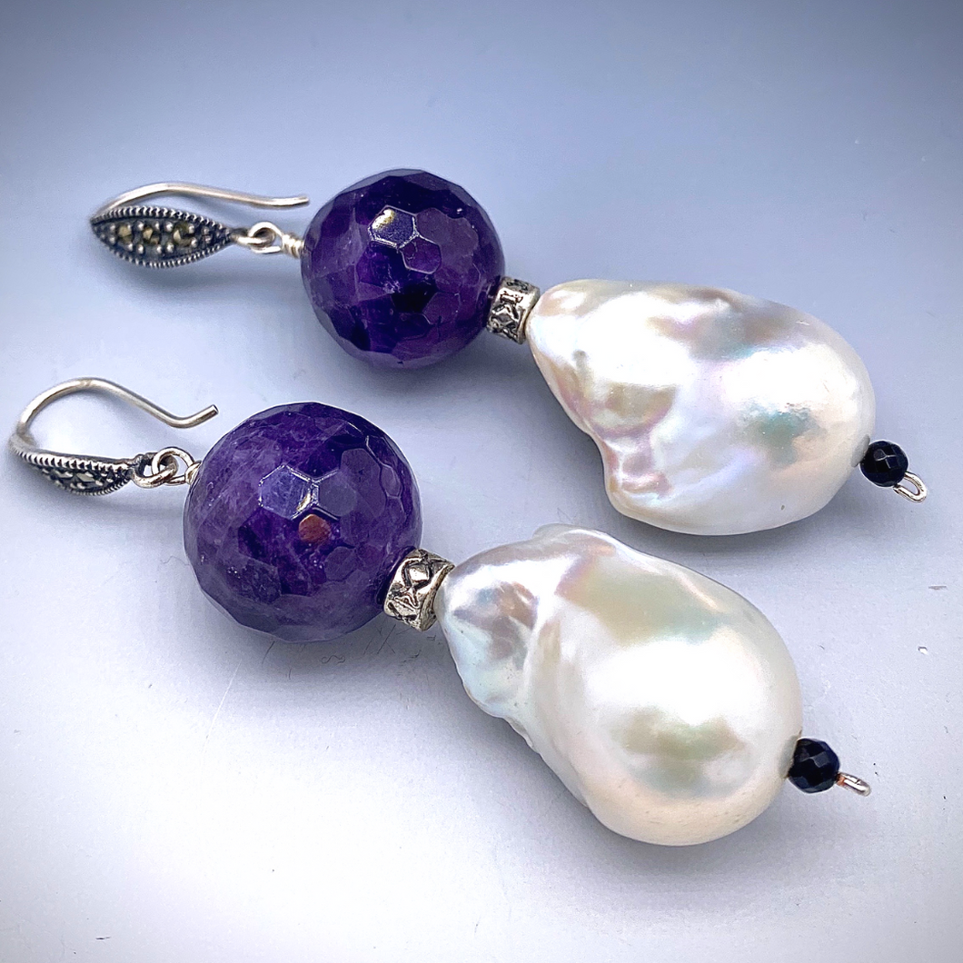 Freshwater Baroque Pearl Earrings with Amethyst